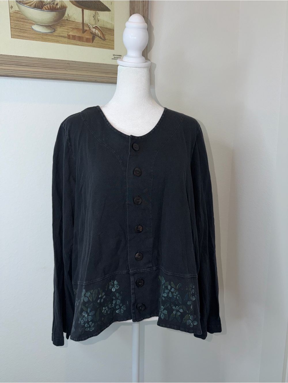 Blue Fish Black Button-Front Top with Subtle Teal Floral Hem